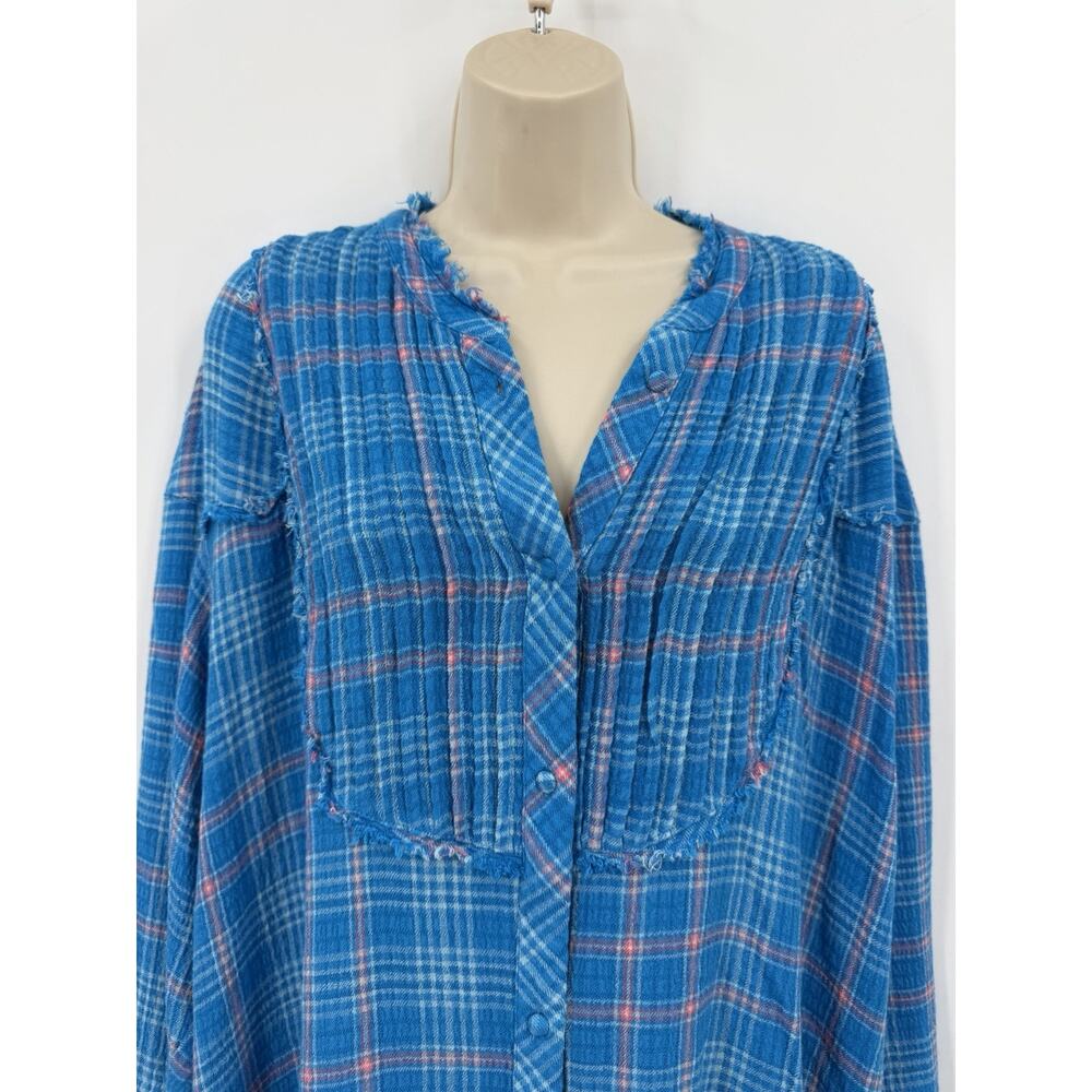 Free People Intimately Blue Plaid Long Sleeve PJ Top/Night Shirt Dress Large - Picture 2 of 12